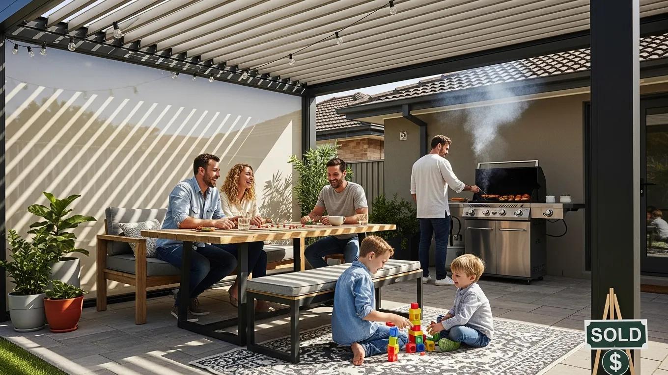 Family enjoying outdoor space under motorized louver pergola, showcasing financial benefits
