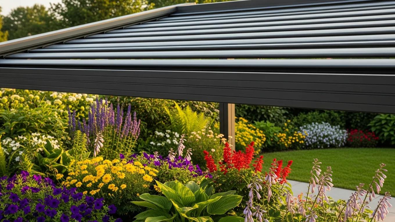 Stylish motorized louver pergola in a landscaped garden, emphasizing aesthetic appeal